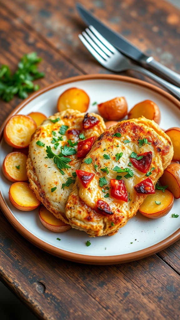 Garlic parmesan chicken with roasted potatoes, garnished with parsley on a rustic table.